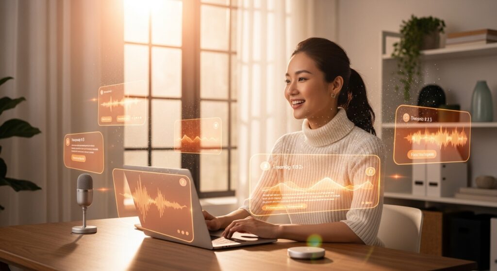 ホログラフィックインターフェースエフェクトとともに明るいホームオフィスでMac音声入力を使う女性