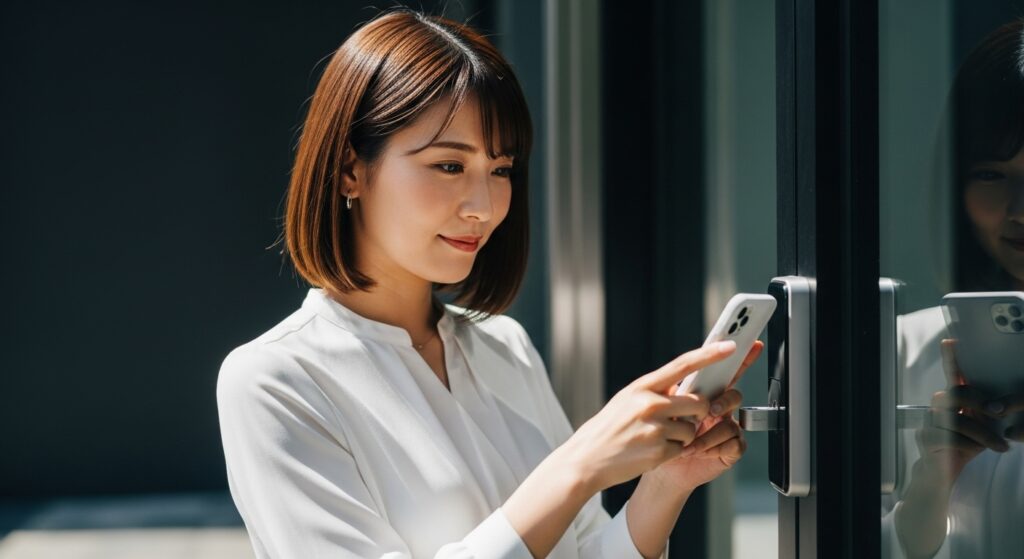 オフィスのスマートロックをスマートフォンで操作する若い日本人女性