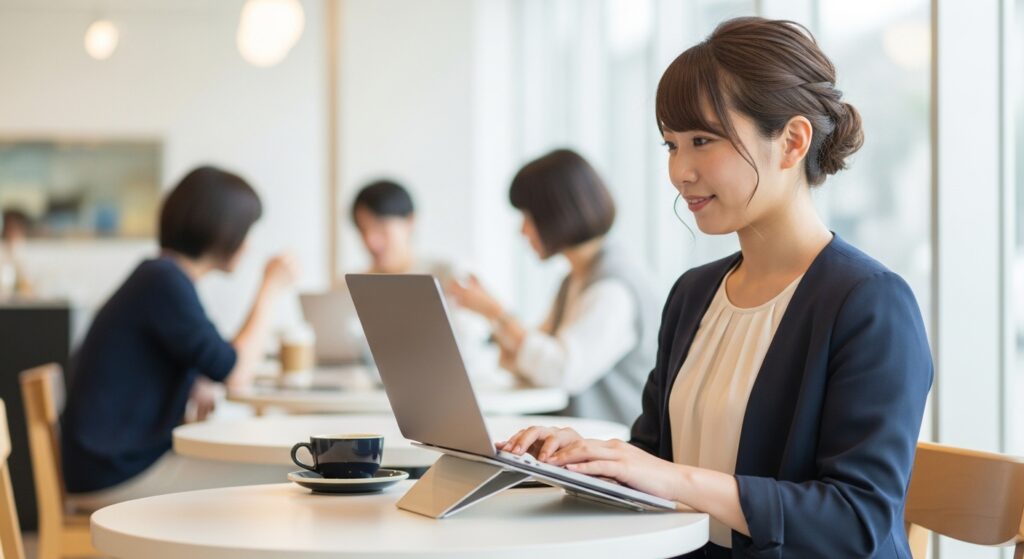 カフェテーブルでノートパソコンを持ち上げる携帯用スタンド