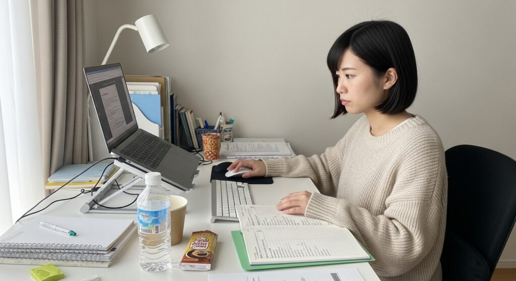ノートパソコンスタンドで長時間作業セッション中の快適さを維持する女性
