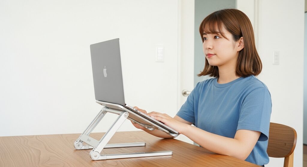 ノートパソコンスタンド使用による快適さと安堵を体験する女性