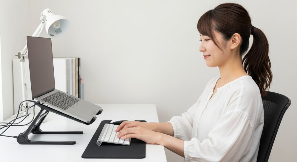 ノートパソコンスタンドと外付けキーボードを使った人間工学的セットアップを使用する女性