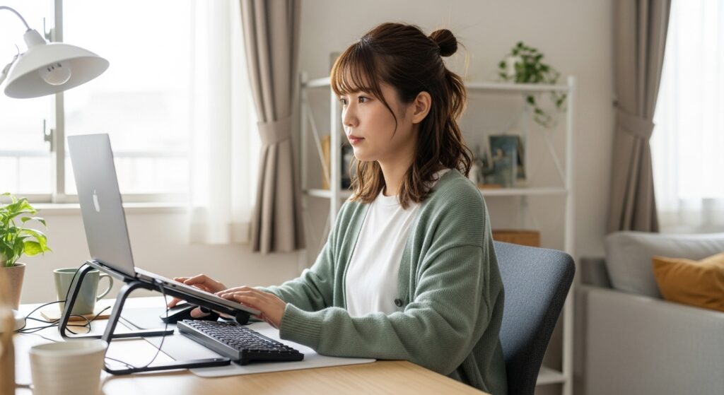 人間工学的なノートパソコンスタンドセットアップで在宅ワークする女性