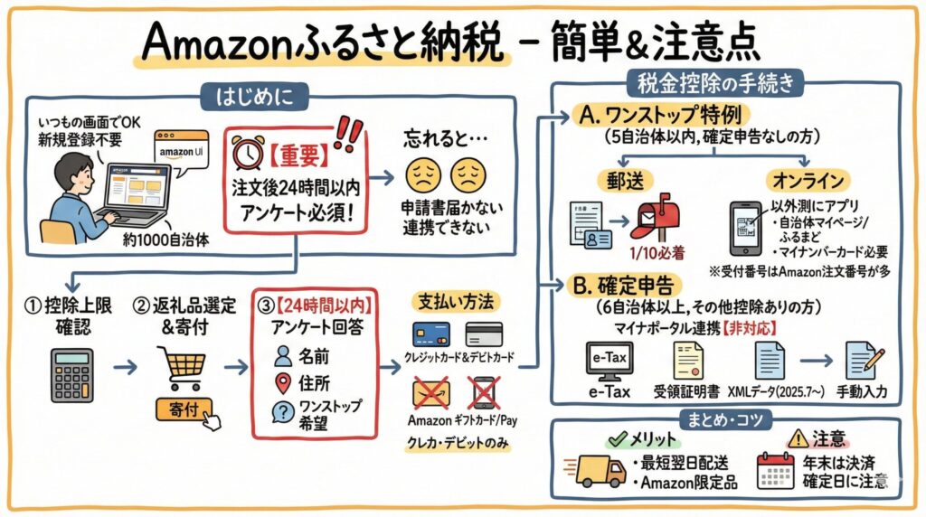 「Amazonふるさと納税」の利用手順と重要事項をまとめたグラフィックレコーディング。注文後24時間以内のアンケート回答が必須である点を強調。寄付、支払い（クレカ・デビットのみ）、税金控除手続き（郵送・外部アプリでのワンストップ特例、またはマイナポータル連携非対応の確定申告）の流れを図解し、メリットや年末の注意点も記載。