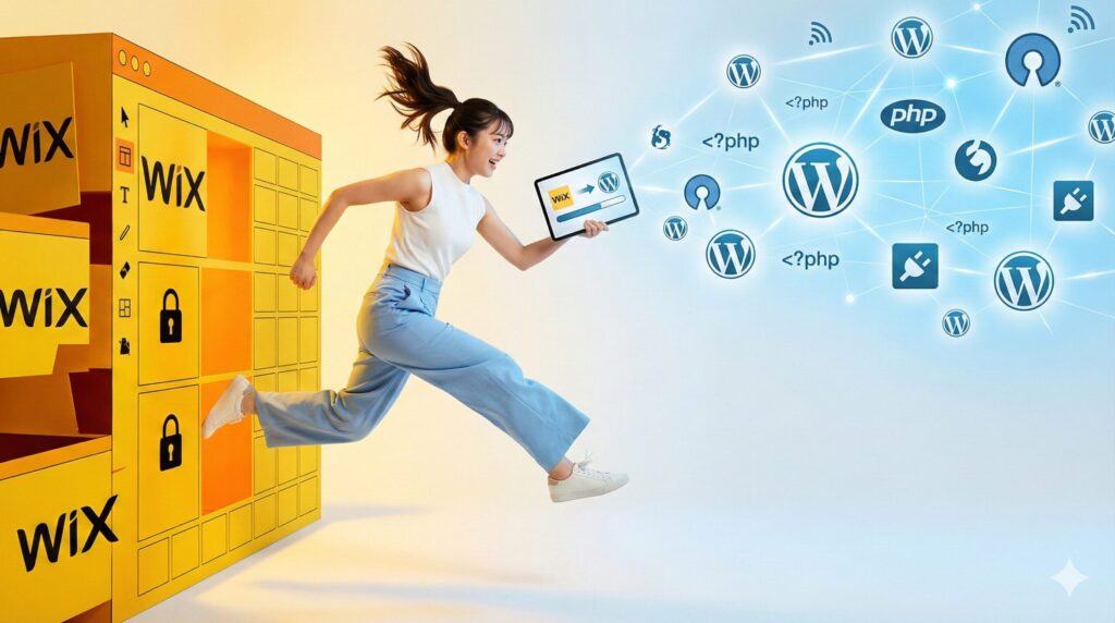 制限された黄色いWixのインターフェースから、広大な青いWordPressのエコシステムへと飛び移る若い女性。ウェブサイトの移行プロセスを視覚化している。