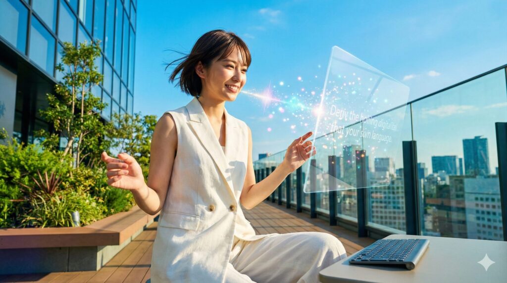 屋上でホログラムディスプレイを使い音声入力する日本人女性