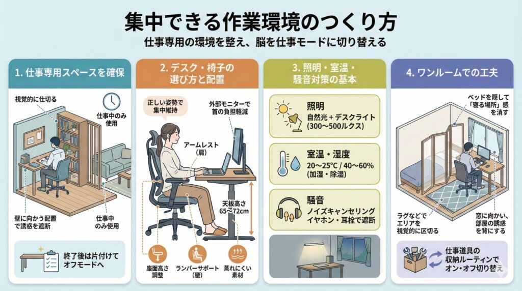 集中できるリモートワーク作業環境の作り方を4つのポイント（スペース確保、デスク・椅子選び、照明・室温・騒音対策、ワンルームでの工夫）で解説したインフォグラフィック