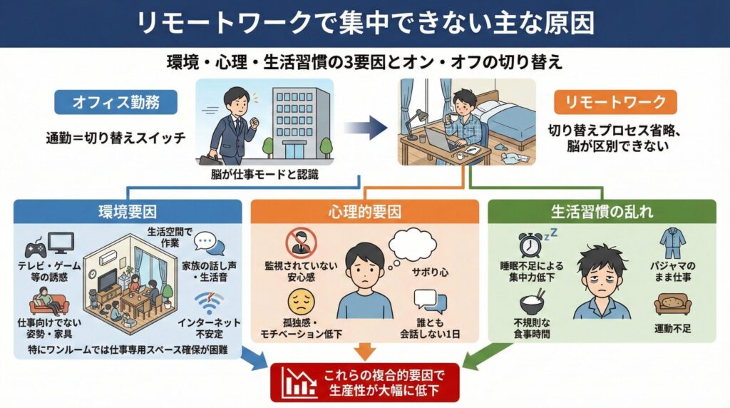 リモートワークで集中できない主な原因を、環境要因・心理的要因・生活習慣の乱れの3要素と、オン・オフの切り替えの難しさという観点から解説し、最終的に生産性が低下する仕組みを図解したインフォグラフィック
