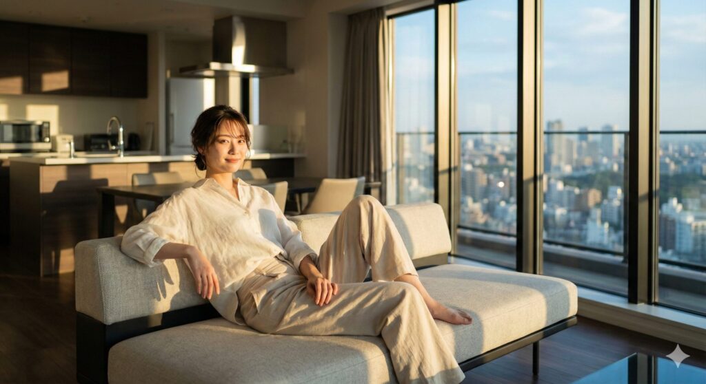 東京のモダンなアパートメントで、大きな窓際のソファにくつろぐ若い日本人女性。夕暮れの光が差し込み、都市のスカイラインが見える。
