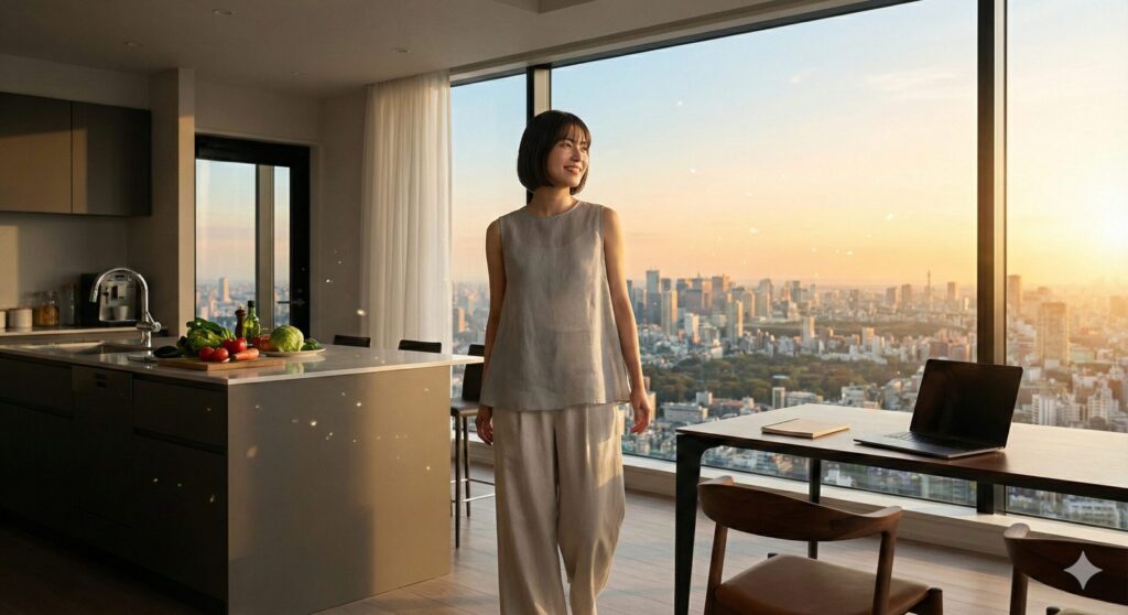 夕暮れ時に東京の豪華なマンションの窓から外を眺めて微笑む若い女性。