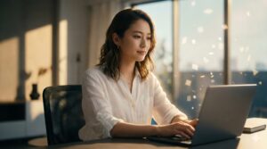 ミニマルなホームオフィスでノートPCに向かい集中状態に入る若い日本人女性、幻想的な光の演出