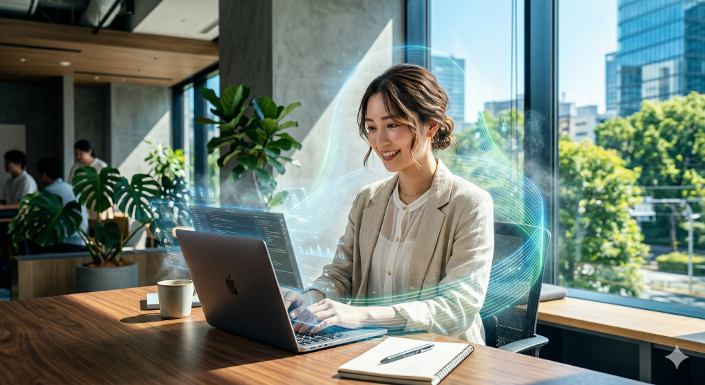 窓から光が入るモダンなオフィスで、青と緑のホログラフィックなオーラとデータに包まれてラップトップに向かう笑顔の日本人女性