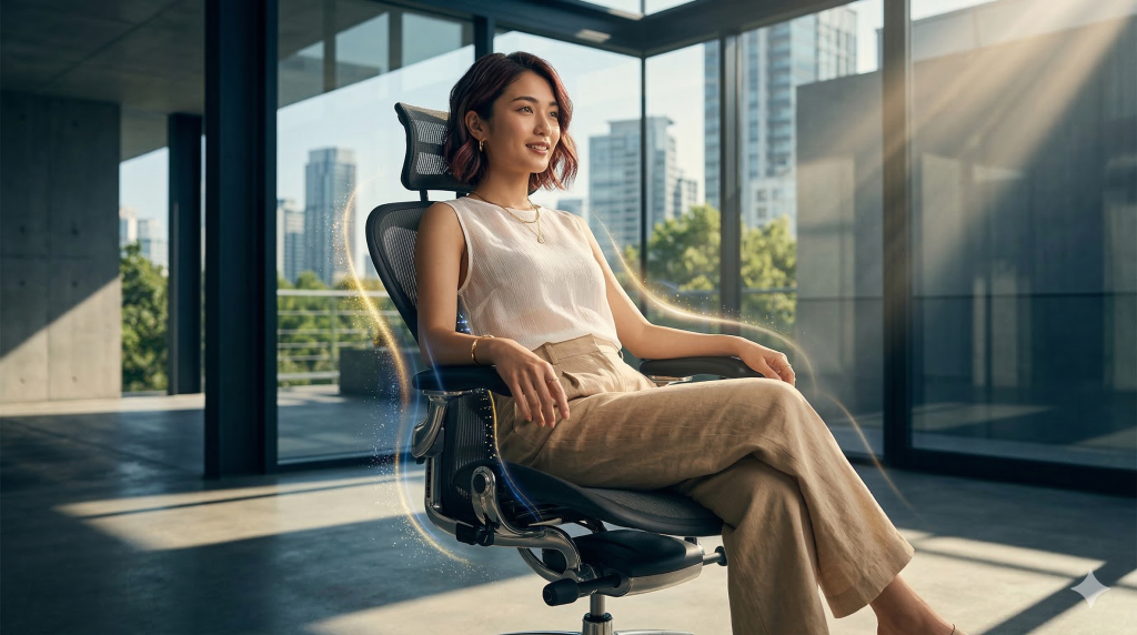 モダンな部屋で高級オフィスチェアに座り、調整機構を驚きと興味を持って見つめる日本人女性