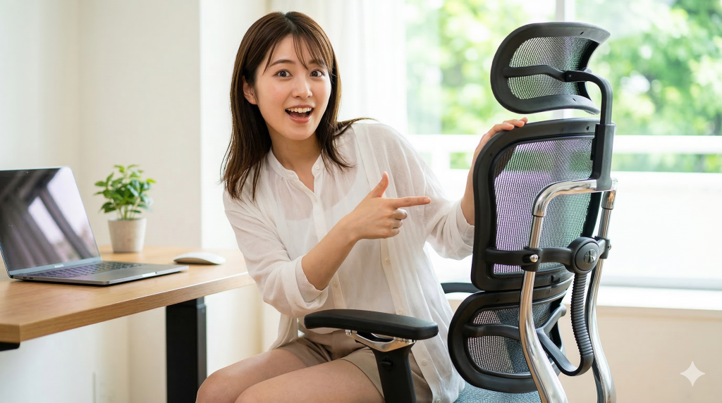 オフィスチェアが高い理由-19万円の椅子を指差す日本人女性 明るいホームオフィスで、笑顔の日本人女性が高級なエルゴノミクスオフィスチェアを指差している。