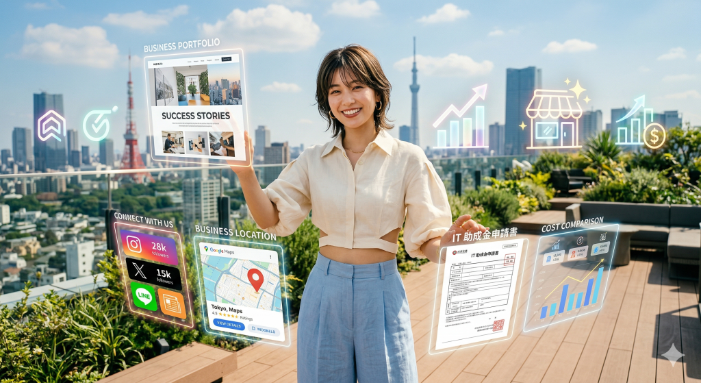 東京の屋上でホログラムを操作するビジネスウーマン 東京のスカイラインを背景に、屋上テラスでホログラフィックなビジネスディスプレイを操作する笑顔の日本人女性