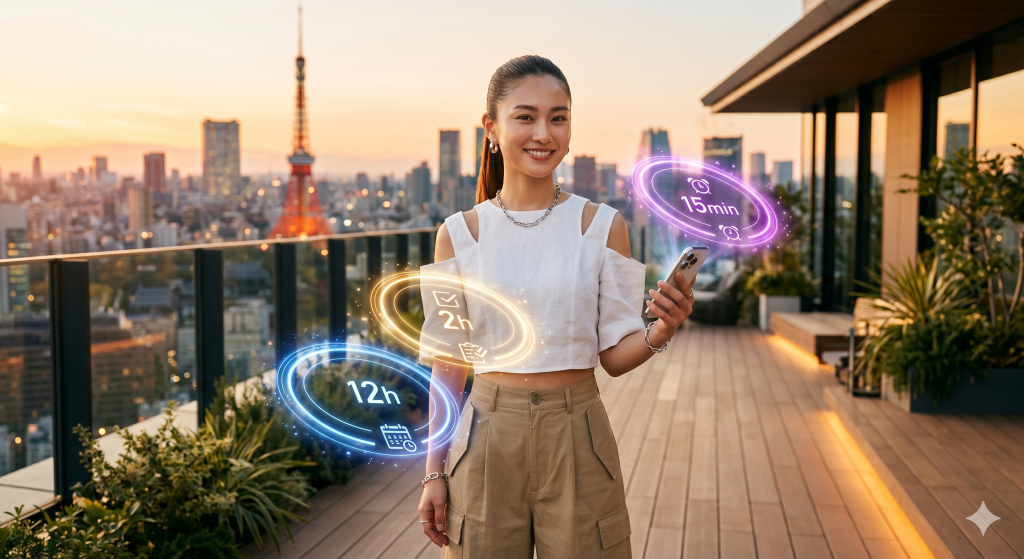 ゴールデンアワーの東京の屋上テラスで、スマートフォンを持つ自信に満ちた女性の周りに3つのAR通知リング（12h、2h、15min）が浮いている