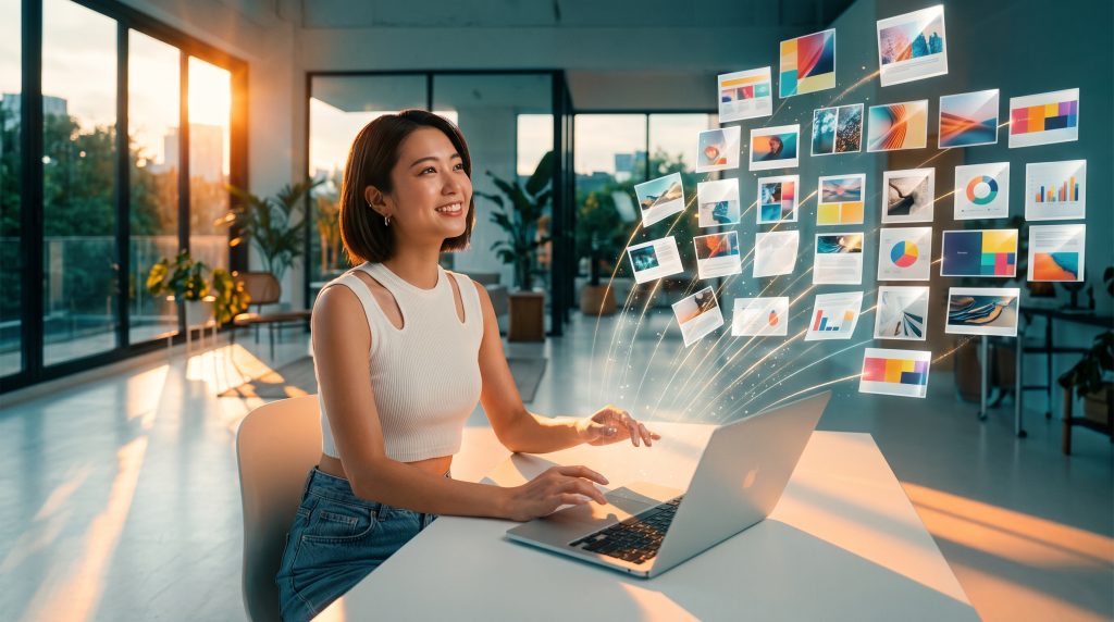 夕暮れのスタジオでMacBookを操作し、画面から空中に飛び出して整然と並んだ画像タイルを笑顔で見上げる若い日本人女性