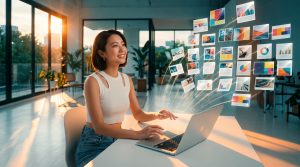 夕暮れのスタジオでMacBookを操作し、画面から空中に飛び出して整然と並んだ画像タイルを笑顔で見上げる若い日本人女性